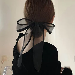 Lystrfac-Long Strap Bow Scrunchies para Mulheres, Streamer De Cabelo, Anel De Cabelo, Corda De Cabelo, Headwear Simples, Fio Preto, Acessórios