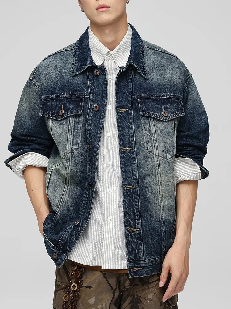 

Весна-Осень 2024, мужская свободная посадка, повседневная джинсовая куртка, винтажная американская модная универсальная куртка из смеси хлопка и полиэстера