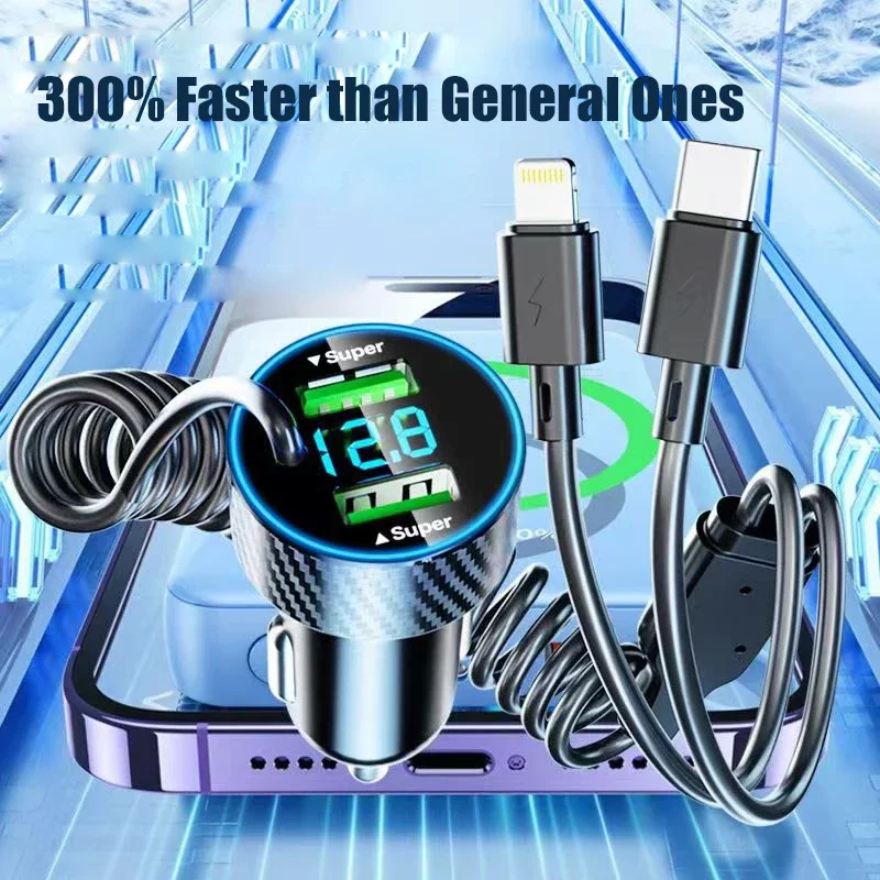 4 in 1 USB C Car Phone Charger Adapter Super Fast in Car with LED Voltage Monitor Retractable Cable for iPhone 15 14 Samsung