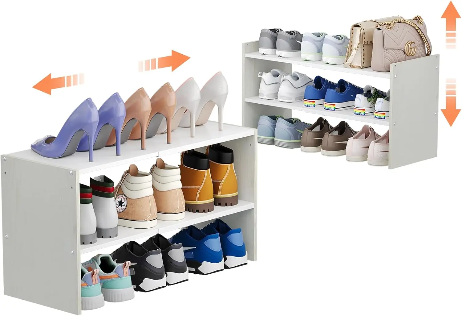 

2 Pack 2-Tier Shoe Rack Organizer for Closet, Expandable and Adjustable White Shoe Rack, Stackable Iron Wood Combination Shoe