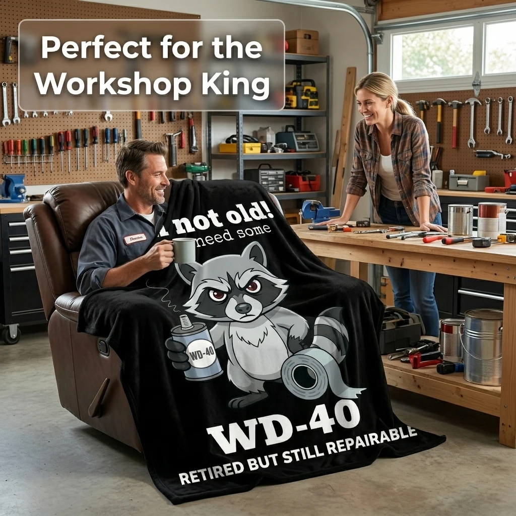 WD‑40 Raccoon Tired But Still Repairable Flannel Throw Blanket, Funny Handyman Raccoon Graphic Soft Cozy Lightweight Home Decor
