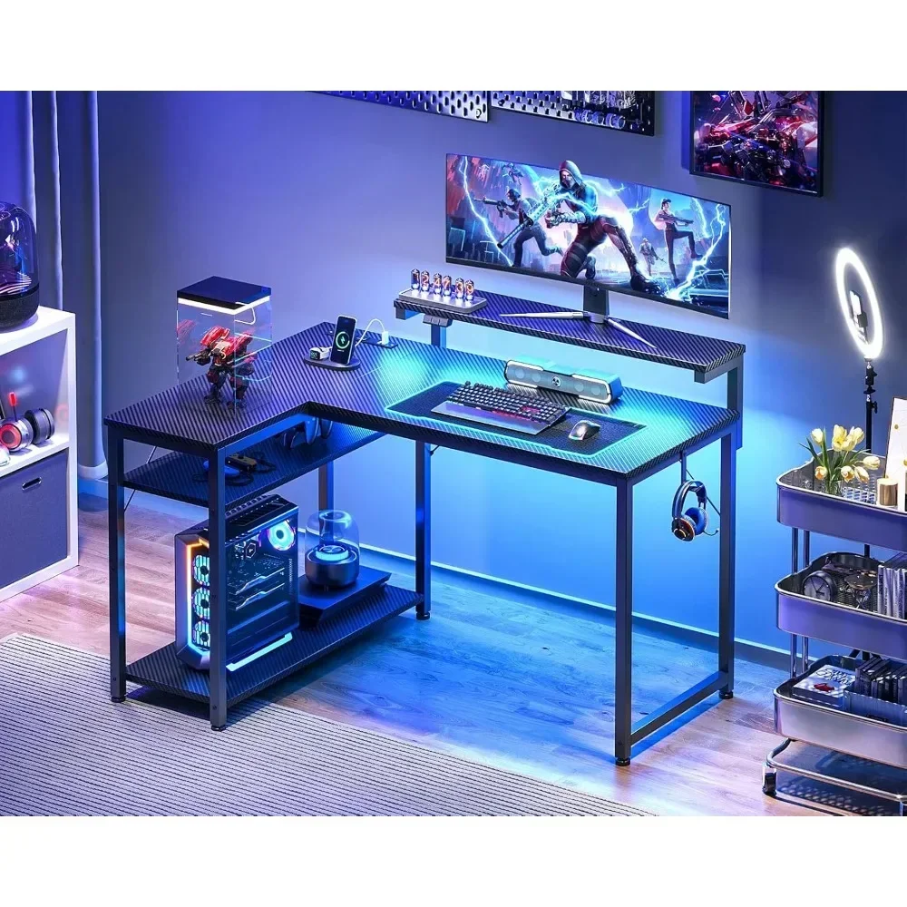 

L-shaped gaming table with power outlet, reversible gaming table, with height-adjustable monitor stand, with LED lights Desks