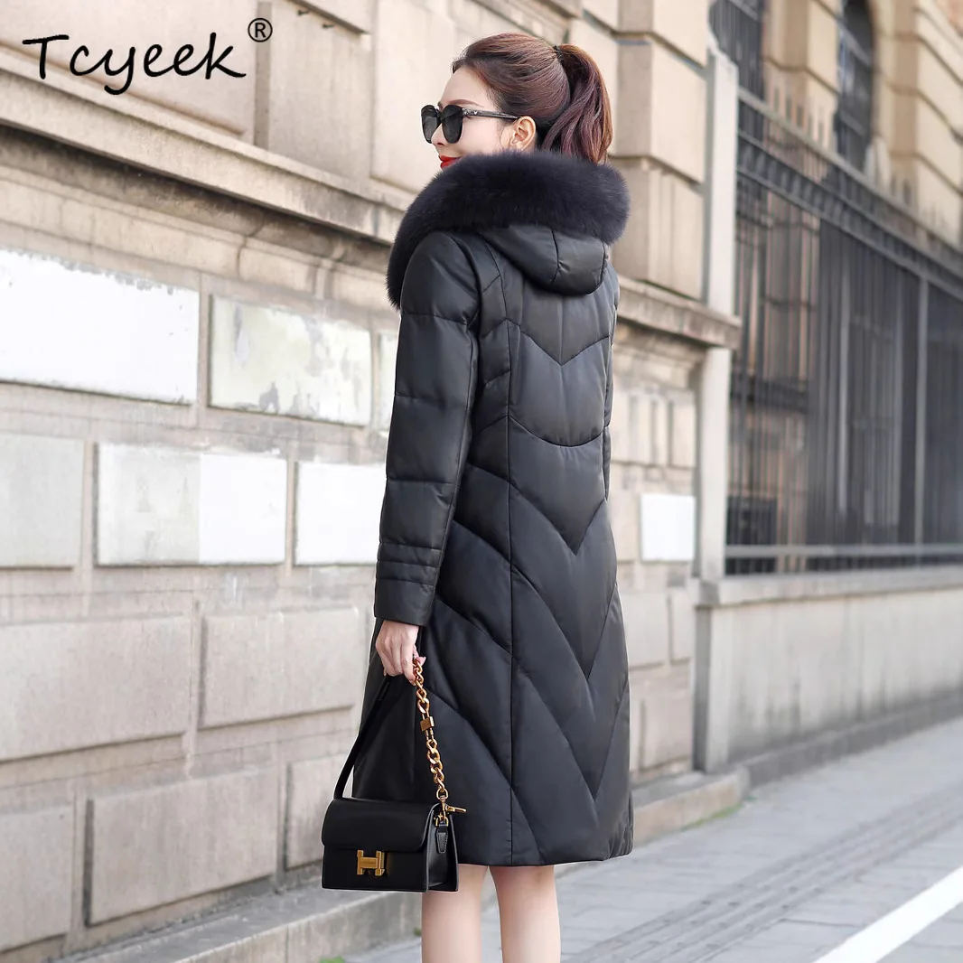 Tcyeek Vera pelle di pecora Piuma d'oca bianca Autunno Inverno Con cappuccio Nero Giacca in vera pelle da donna di media lunghezza Jaqueta Couro