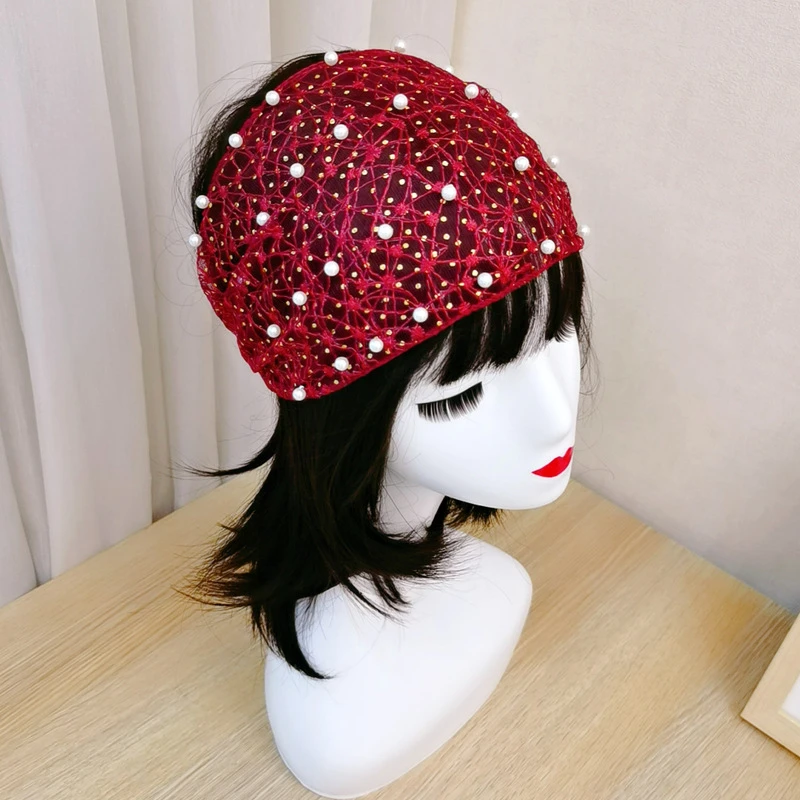 

Girls Fairy Lace Hollow Wide Hair Headband Spring Summer Thin Mesh Pearl Hairband Elastic Headwear Hair Accessories