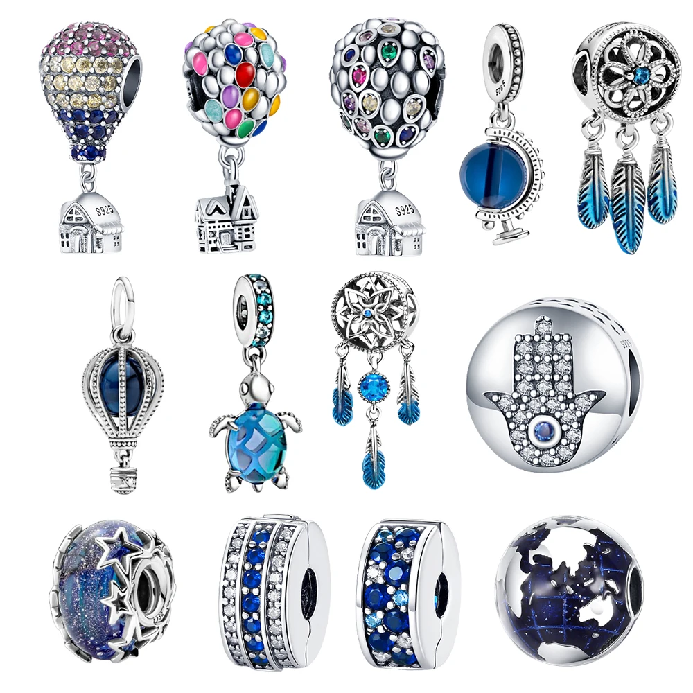 

925 Sterling Silver Blue Series Moon Star Space Glass Beads Clip Charm Fit Pandora 925 Original Bracelet Fine Jewelry Making