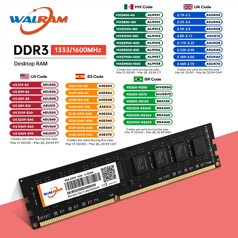 WALRAM DDR3 RAM 8GB 1333MHz 1600MHz Desktop Memory PC3 12800U 10600U Desktop 240Pins 1.5V Memoria RAM DDR3 Compatible Intel