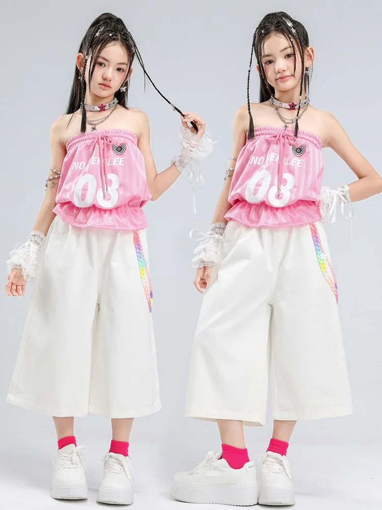 Girls Pink Strapless Tube Top White Wide Leg Pants Dance Costume Set Kids Hip Hop Kpop Stage Performance Streetwear Jazz Outfit