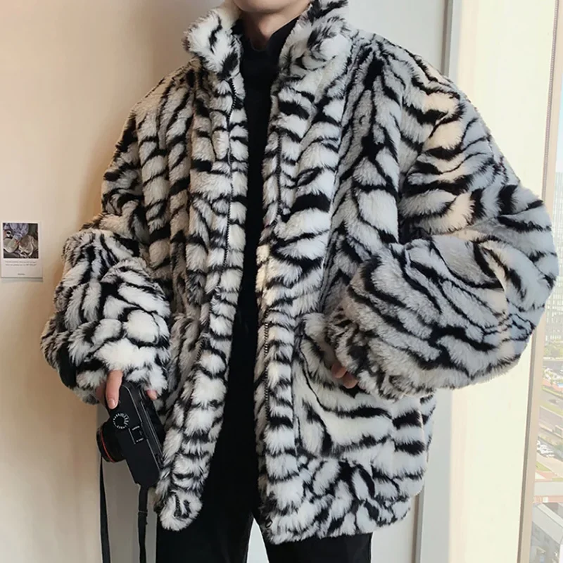Faux Fur Coat For Men Turn-down Collar Tiger Leopard Imitate Fur Jacket Thick Winter Warm Fluffy Plush Loose Jumper Outwear