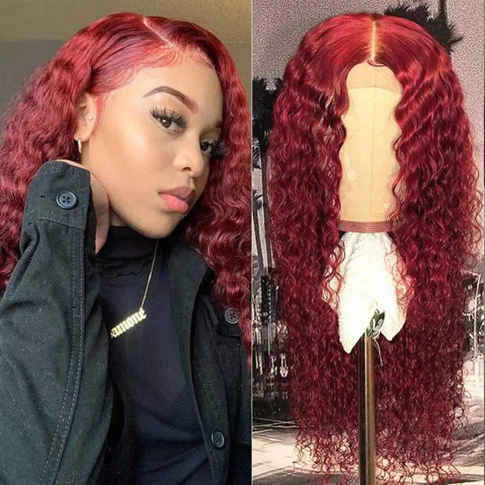 13x4 13x6 HD Lace Frontal Wig Deep Curly 99J Burgundy Human Hair Lace Front Wig Red Deep Wave Lace Front Human Hair Wig