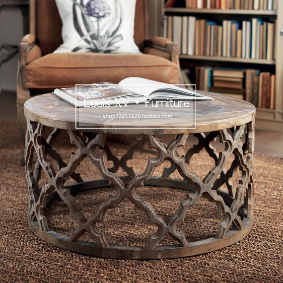 French retro solid wood round coffee table American country English pastoral hollow carving coffee table European classical