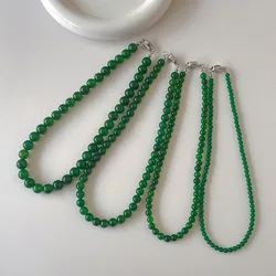 Minar Chinese Style 4 6 8 10mm Green Color Agate Natural Stone Beaded Necklace for Women Silver Plated Copper Ingot Clasp Choker