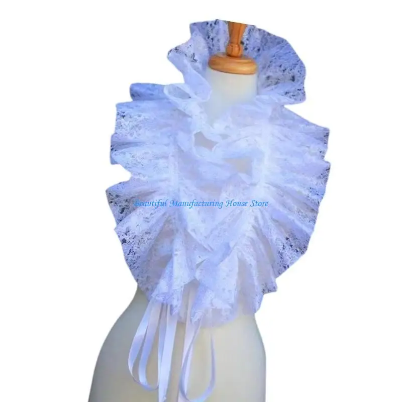 E56A Women Ruffled Faux Collar Shrug Vintage Gothic Collar Shawl Shoulder Wrap Victorian Cosplay Party Costume