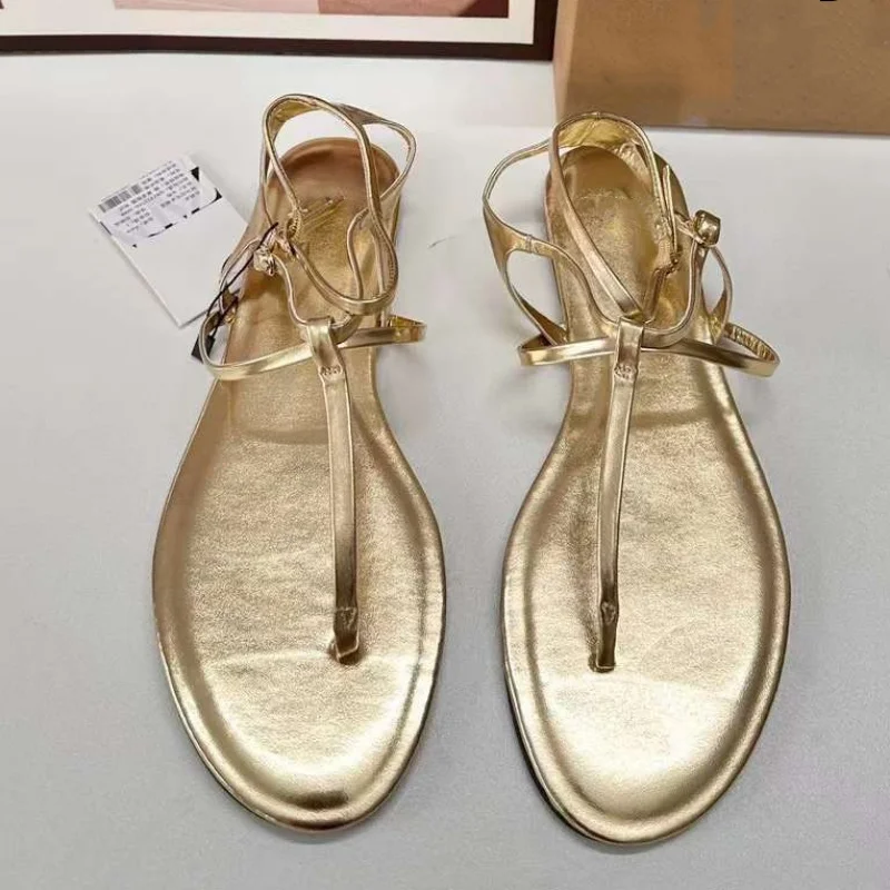 TRAF 2024 Female Gold Ankle Straps Flat Sandals Summer Round Head Open Toe Flat Shoes Women Sexy Beach Roman Sandal New