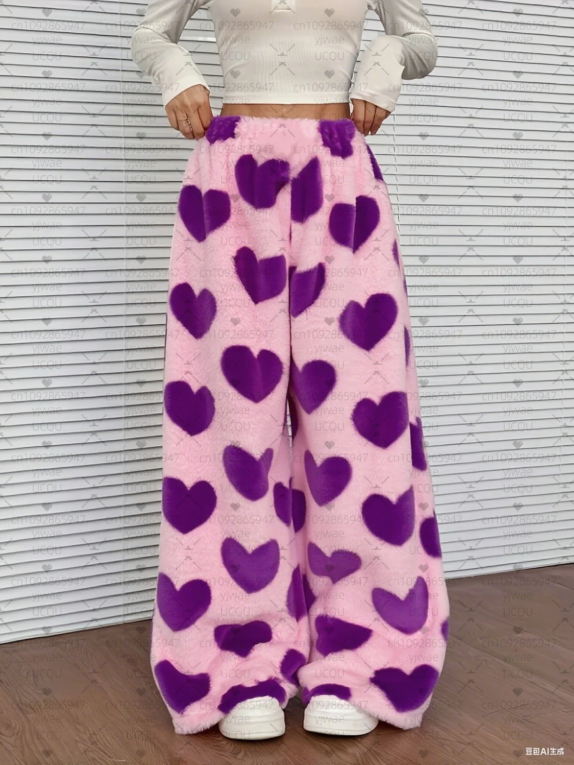 2025, Damen-Pyjama-Plüschhose, gerades Bein, Liebesdruck, lockere Nachtwäsche, Hose, Pyjama-Hose, Damenbekleidung