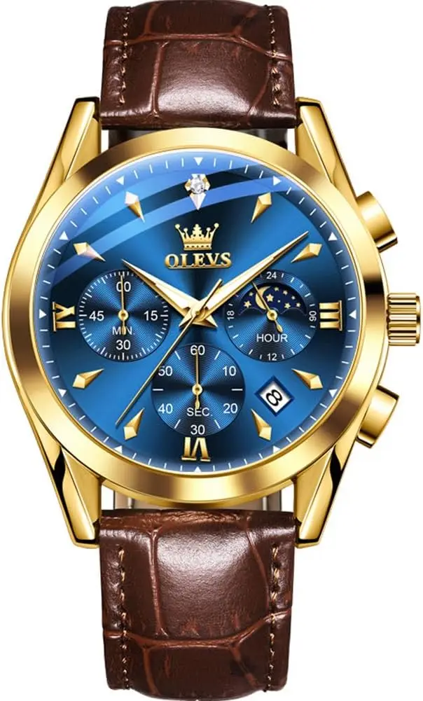 

Men's Leather Watches Large Face Waterproof Casual Round Watch with Date Luminous Easy Read Dress Watch Blue Black White Dial