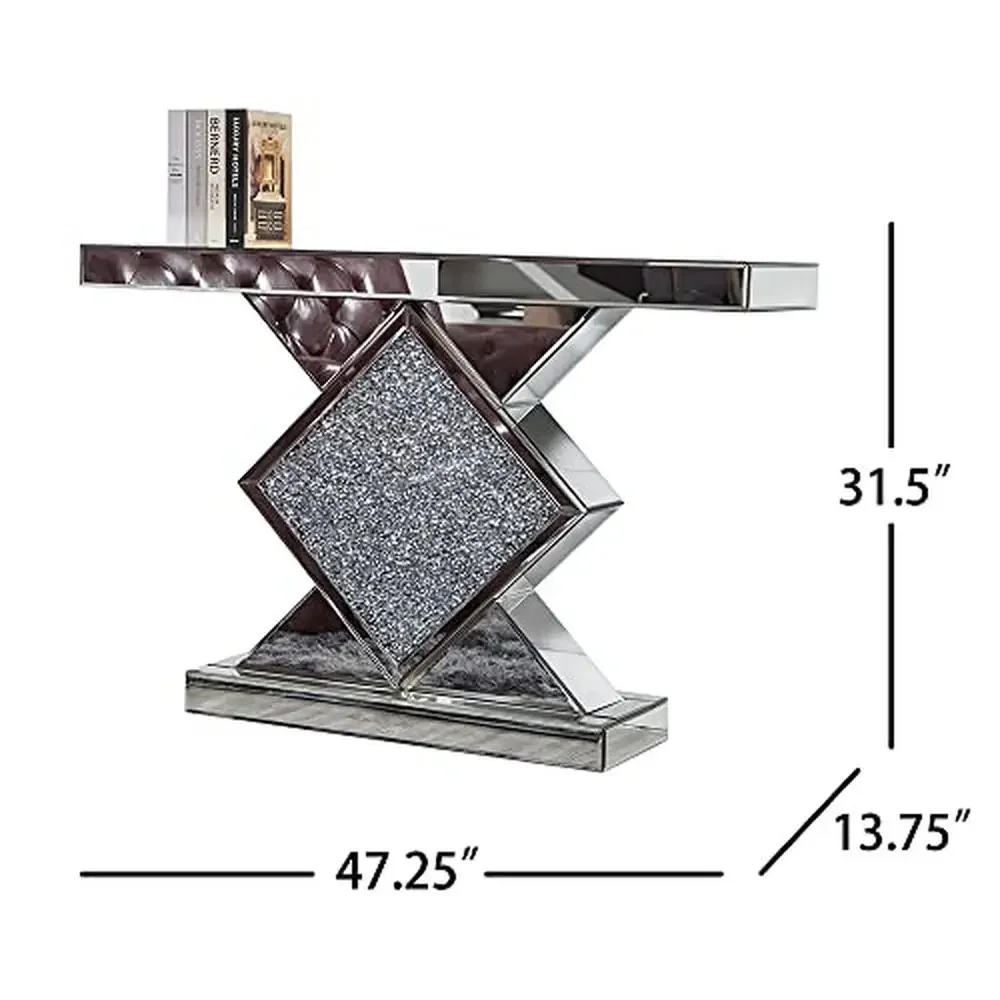다이아몬드 프레임 거울 실버 콘솔 테이블, 47.2 인치 유리 입구, 소파 악센트 좁은 테이블, 글램 홈 장식, 식사 공간 보관