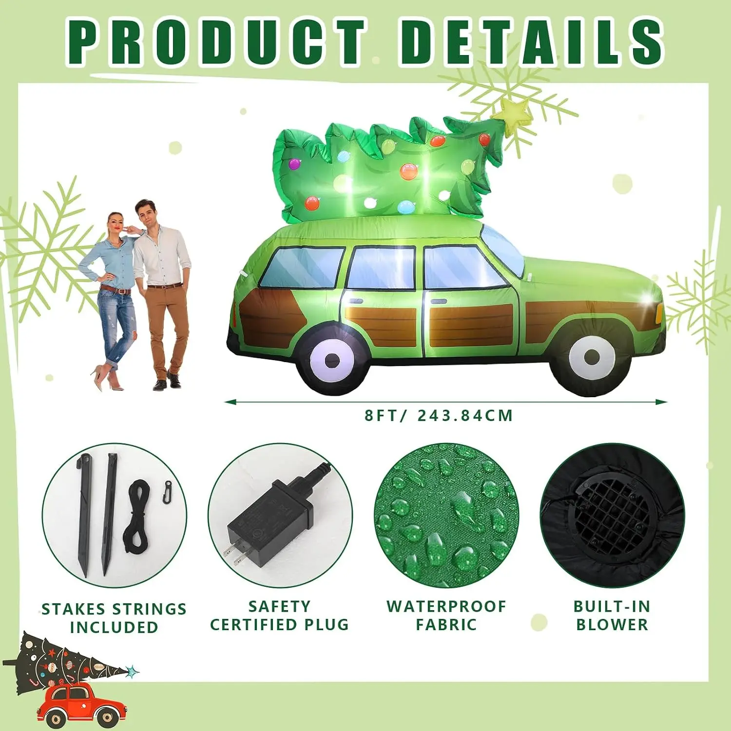 LED Lighted Christmas Inflatable Station Wagon 8 FT Length Outdoor Xmas Car Decoration with Blow up Tree for Holiday Vacation
