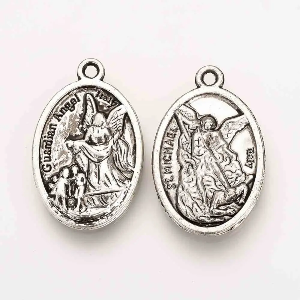 20Pcs St Michael and Guardian Angel Medal Alloy Pendants Oval Style Pendant Jewel Silver Pendant Decoration 25x16x3mm