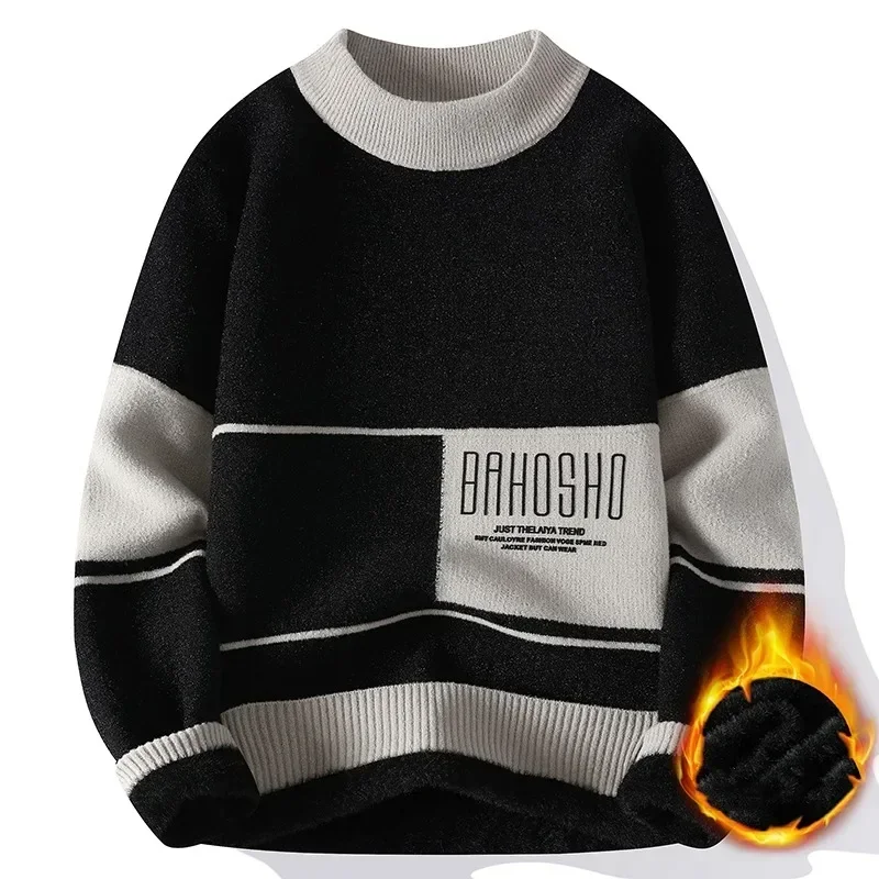 

High Quality Autumn and Winter New Half High Neck Sweater Men's Plush and Thickened One Piece Plush Knit Top