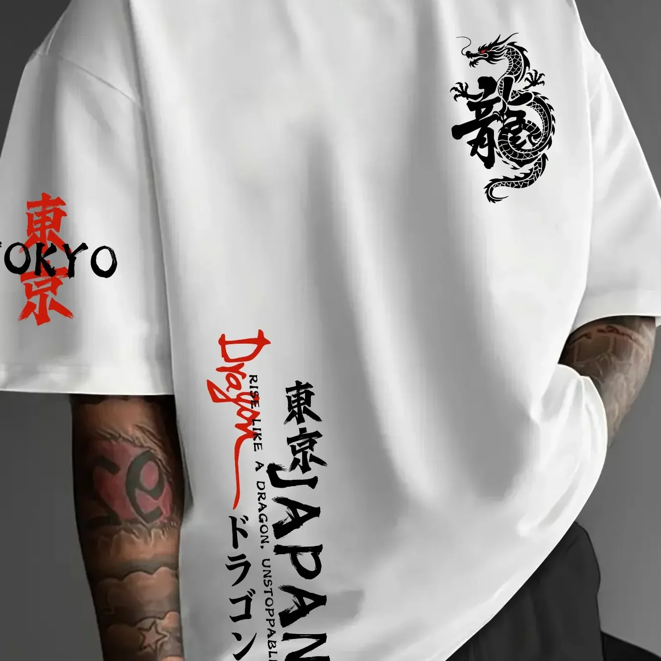 Japanese Kanji Rising Like a Dragon Men's Pure Cotton T-shirt Casual Round Neck Short Sleeved Street Top