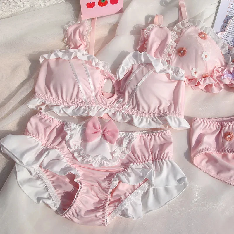 Lolita Cute Sweet Ultra Thin Bras and Panty Set Princess Underwear Ruffle Bra Brief Thong Set for Young Girl Lingerie Sexy Girls