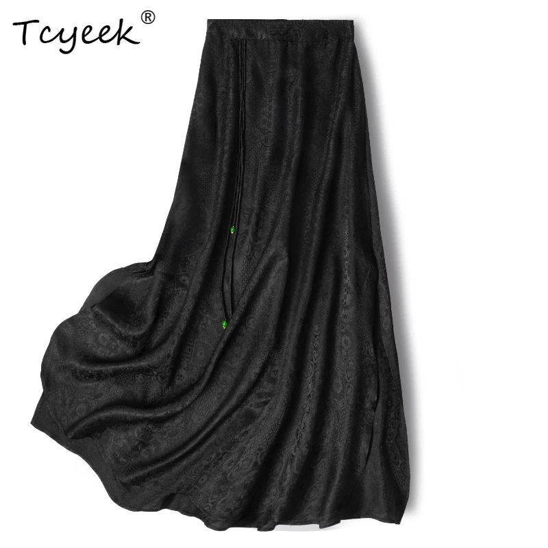 

Tcyeek 100% Mulberry Silk Summer Thin Chinese Style High Waist Fringe A-line Black Mid Length Women's Skirt Faldas Para Mujeres