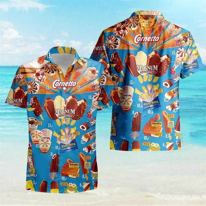 Summer Hawaiian 3D Printing Icecream Shirts For Men Gelatos Graphic Short Shirts Kid Fashion Funny Clothing Cool Streetwear Tops