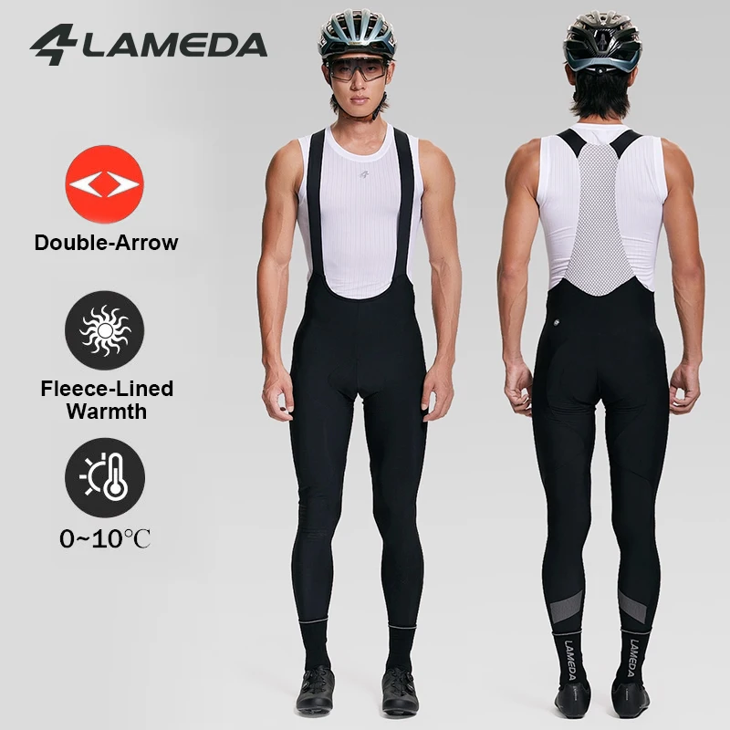 LAMEDA Men's Winter Thermal Fleece Cycling Bib Pants Fleece Lined Windproof Thickened 3D Italian Seat Pad Cycling Bib Tights