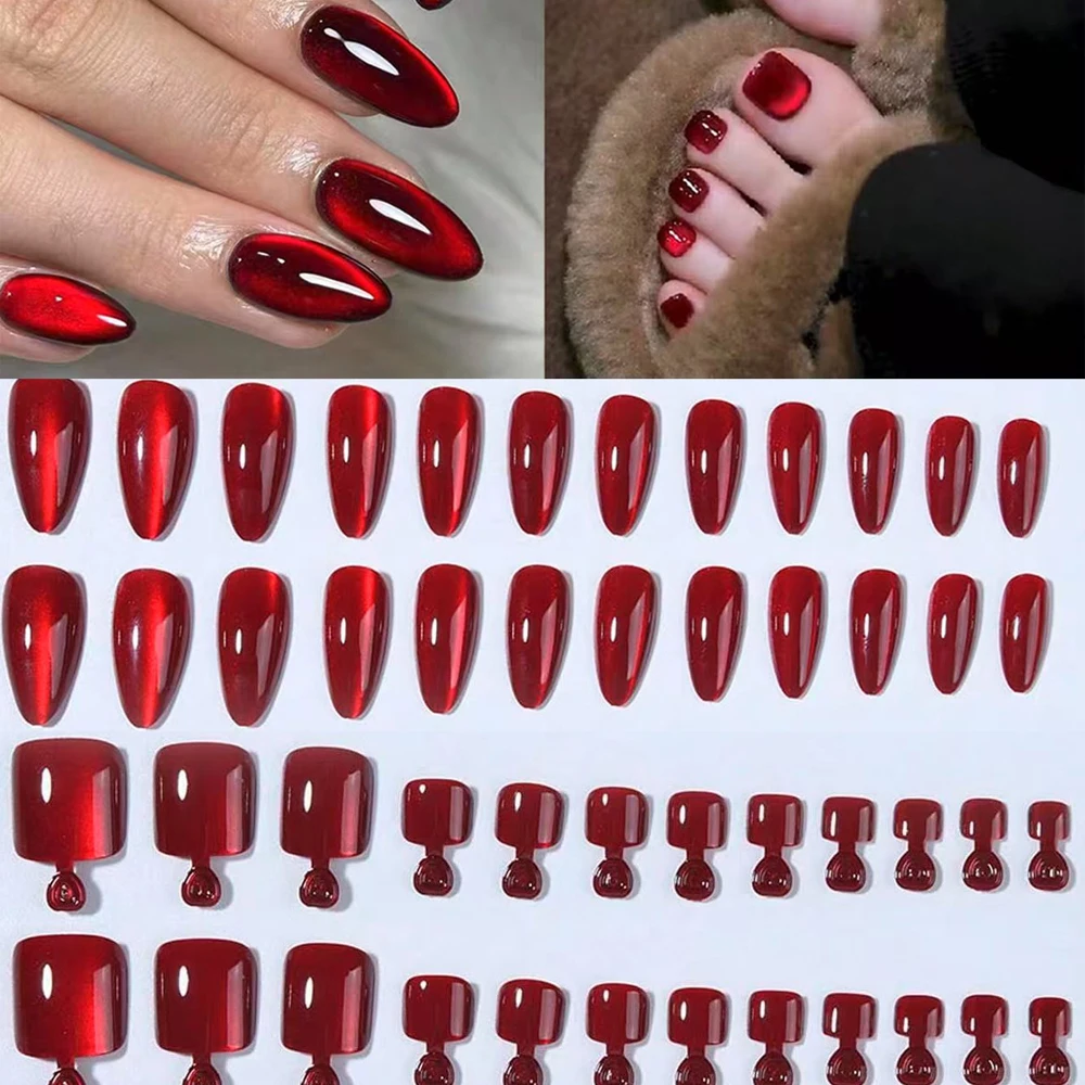 48Pcs Blood Red Cat Eye Crystal Press On Nail &Toenails Long Almond Fake Nails & Short Square FakeToe Nails Glossy Acrylic Nails