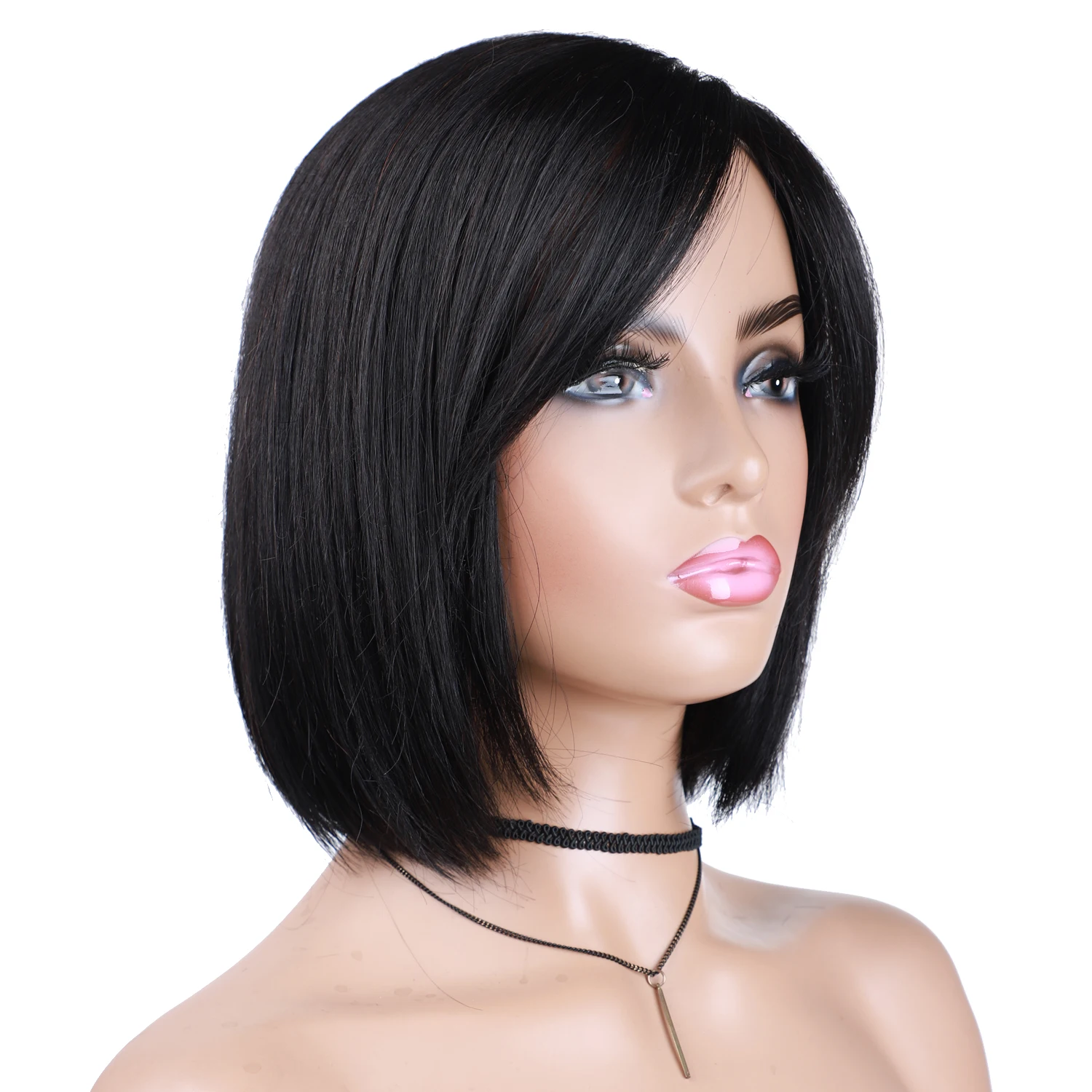 UNA Long Brown Pixie Cut Wig Blend Human Hair Lace Frontal Wigs with Side Bangs Natural Hairline straight BOBO wigs