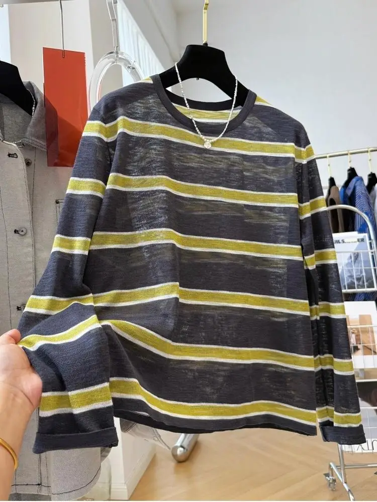 Women Autumn Long Sleeve Knit Top Korean Style Color‑Block Stripe Loose Pullover Protection Shirt Casual Ladies Blouse