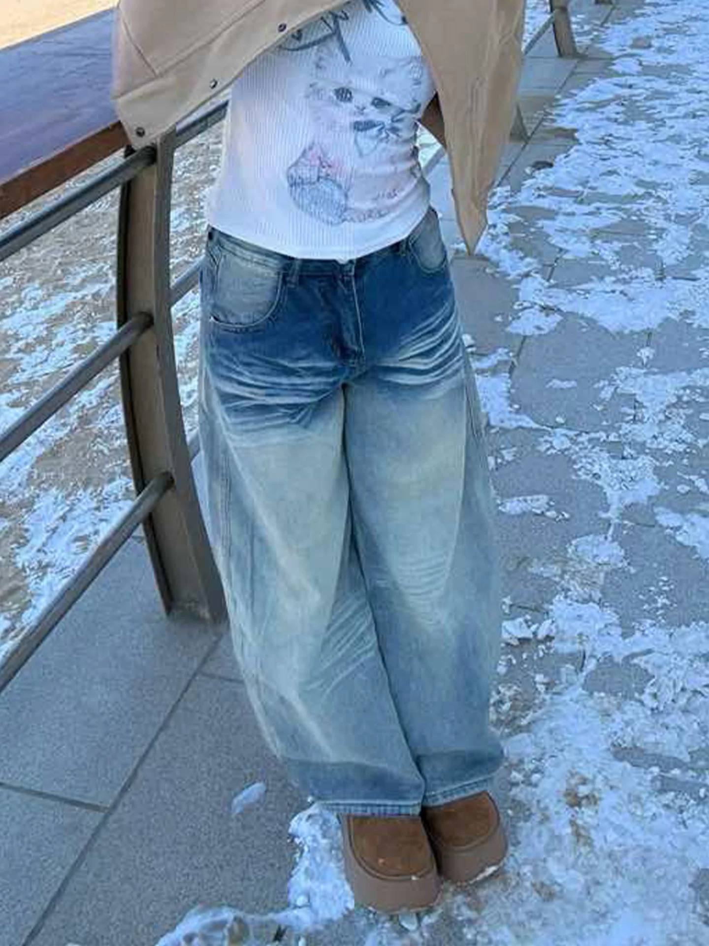 

High Waist Slimming Light Blue Vintage Washed Denim Jeans Women's Summer Fashion High Waist Wide Leg Pants Casual Wear