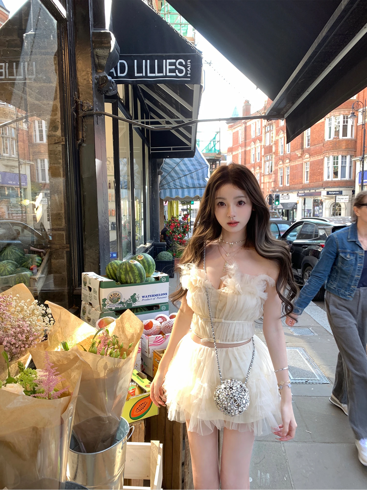 

Гардероб Lanlan's Floral Godd Procion Set с топом с узлом из перьев и пышной юбкой Sexy ort Sve Nylon...