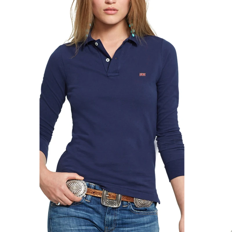High Quality Spring Autumn Womens Long Sleeve Polos Shirts 100% Cotton Casual Solid Color Womens Polos Shirts Female Slim Tops