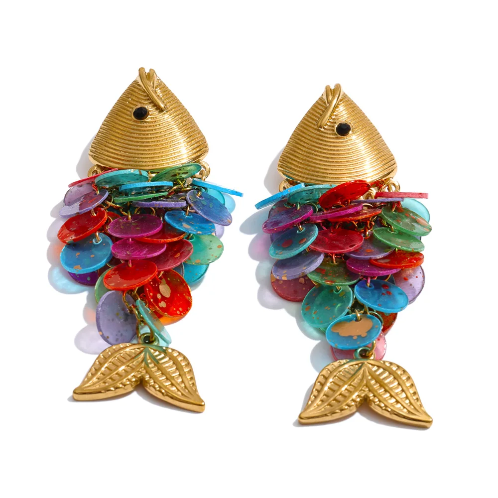 Yhpup Ocean Style Colorful Shell Fish Drop Necklace Earrings Set Stainless Steel Exclusive Handmade Gold Color Jewelry image 3