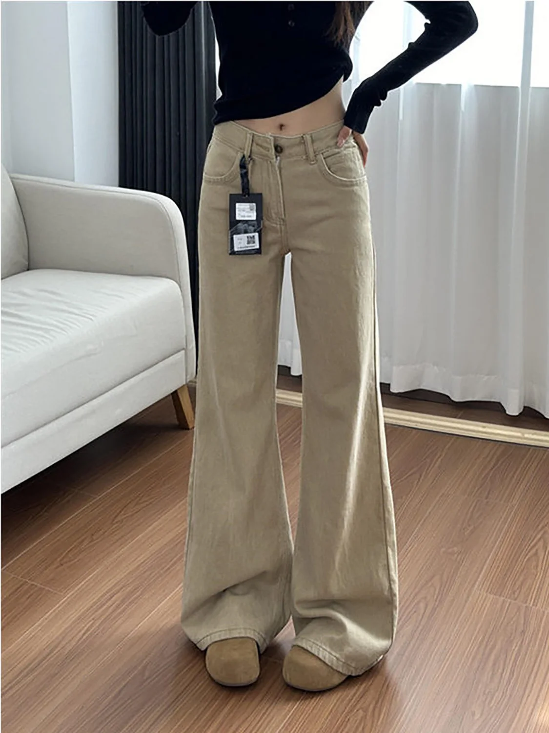 

Low Waist American Style Bell Bottom Jeans Women's Retro Slimming Wide Leg Jeans Khaki Color Loose Fit Casual Denim Pants