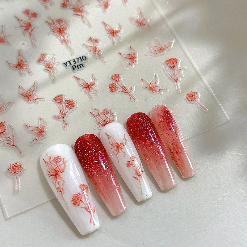 Beautiful Romantic Wine Red Butterfly Rose Nail Stickers Versatile Hollow Thin Tough Back Adhesive Tape Nail Sticker