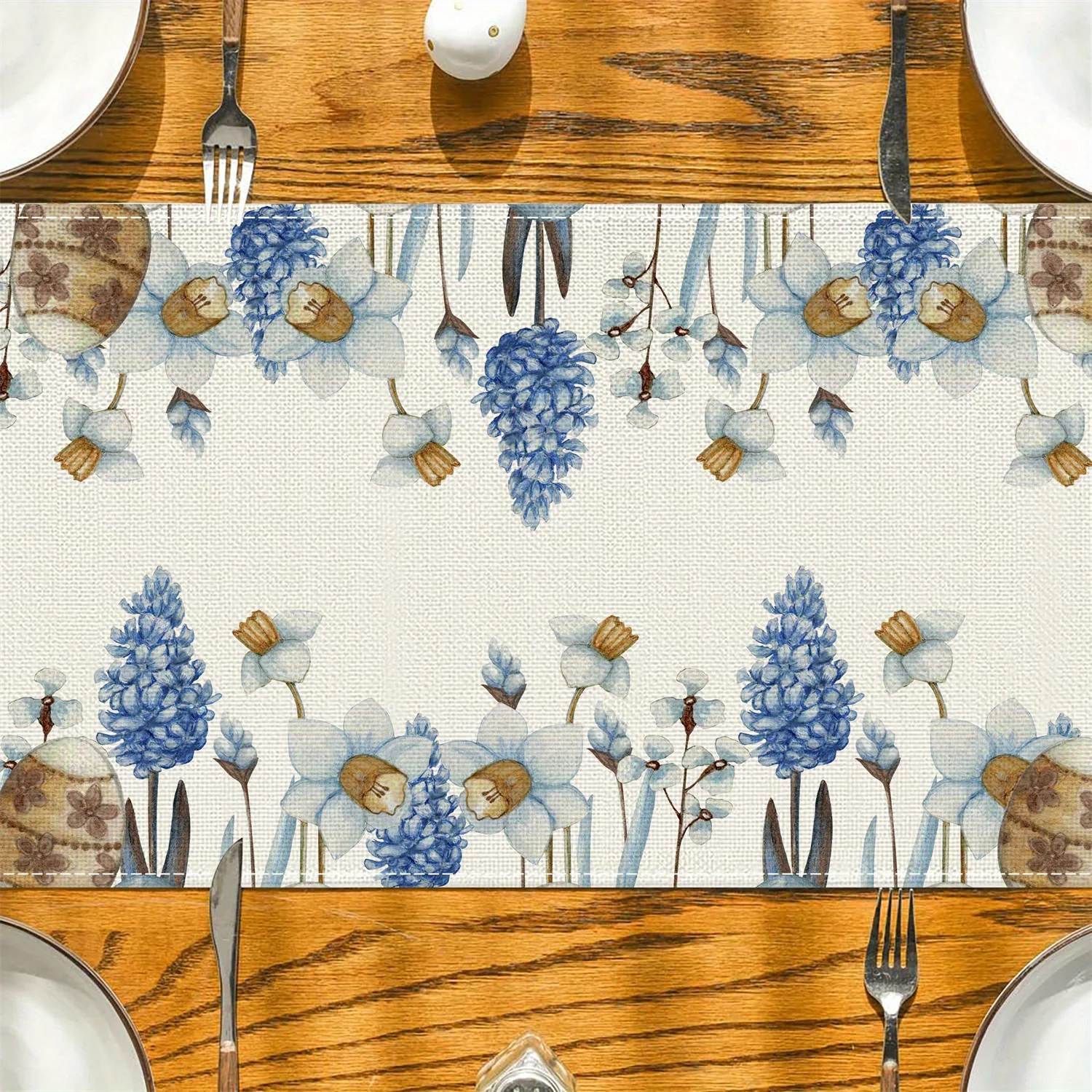 Easter Blue Eggs Flowers Linen Table Runner Easter Decorations Spring Floral Botanical Table Runners Dresser Scarf Table Decor