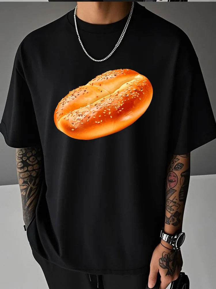 Camiseta de Verano para Hombre, Blanca, de Manga Corta, con Estampado Gráfico Realista de Pan de Sésamo, Cuello Redondo, Holgada, Informal, para Uso Diario