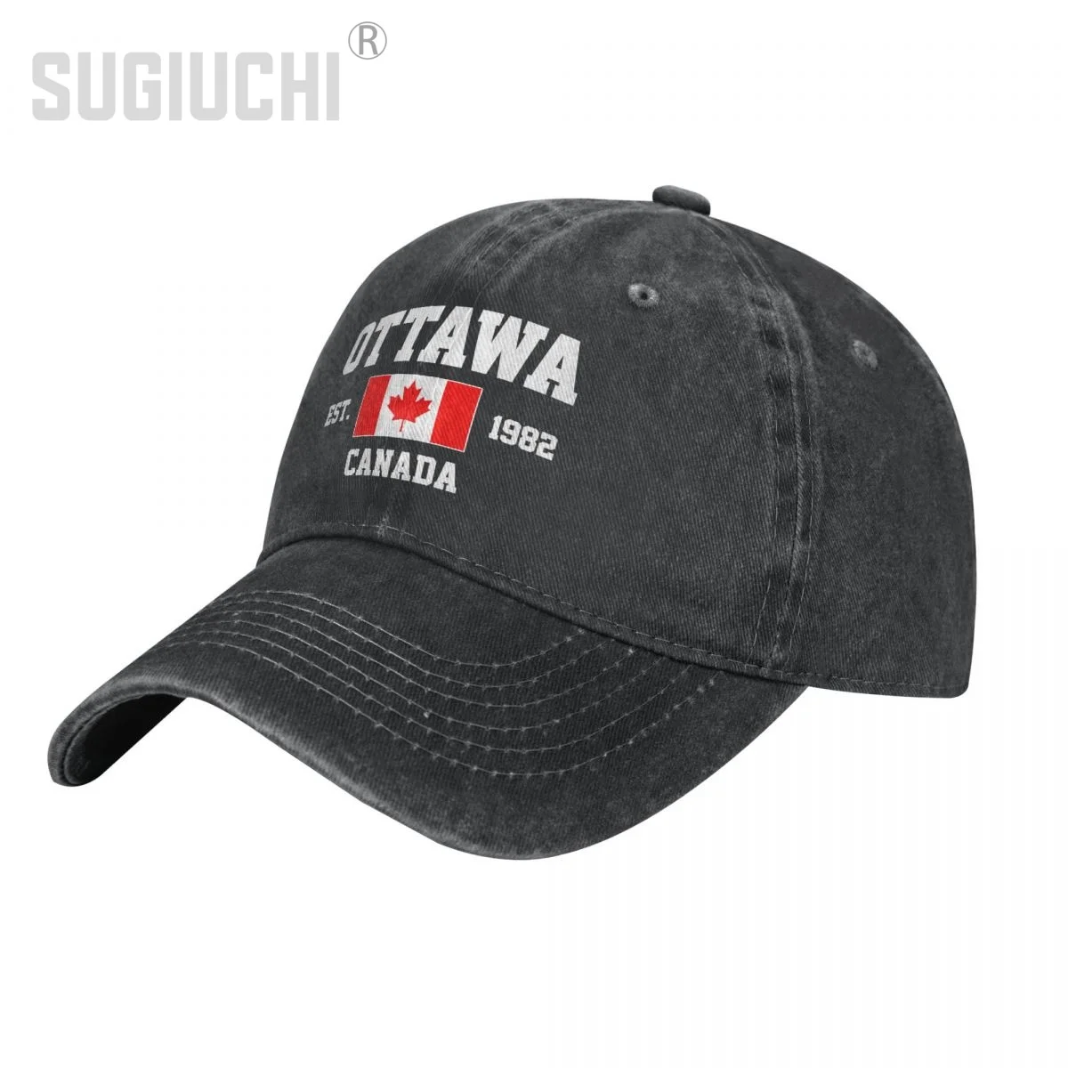 Flag of Canada EST.1982 Ottawa Unisex Adult Charcoal Washed Denim Baseball Cap Men Vintage Cotton Dad Patriotic Trucker Hat