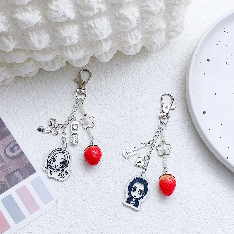 Fashion Girl Strawberry Bow Phone Guitar Keychain Acrylic Beaded Keyring Phone Pendant Backpack Decoration Accessories Gifts