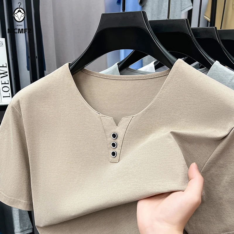 Daily essential mens notch v neck tee stretch soft fabric sweat proof summer outdoor minimalist casual garment