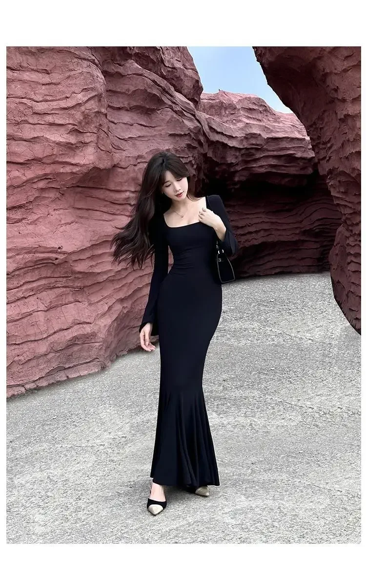 مزاجه الراقية سليم صالح خطوة بخطوة لوتس تنورة طويلة ساحة طوق بأكمام طويلة ذيل السمكة ملفوفة الورك فستان مع المؤنث