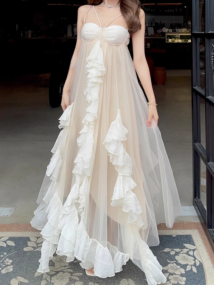 REDDACHiC femmes à volants en mousseline de soie robe de soirée Corset Camisole sans manches une pièce Maxi longue robe princesse mariage vêtements d'été