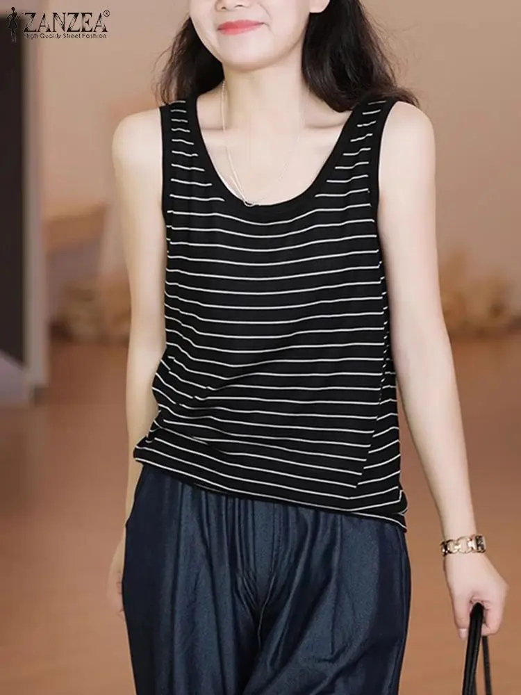 ZANZEA 2024 Summer Sleeveless Tanks Blouse Oversize Stripes Vest Women U-collar Loose Camis Korean Casual Simple Basic Tank Tops