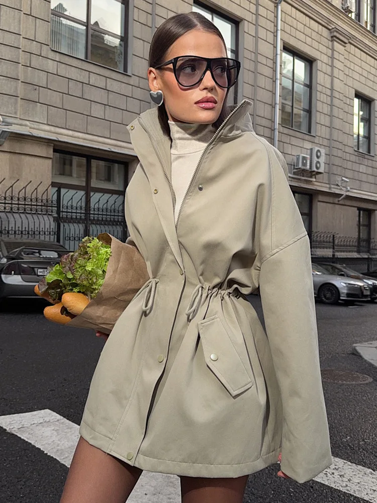 

Pure Cotton Midlength Trench Coat Stand Collar Waist Cinched Jacket Korean Style Long Sleeve Zipper Closure Color
