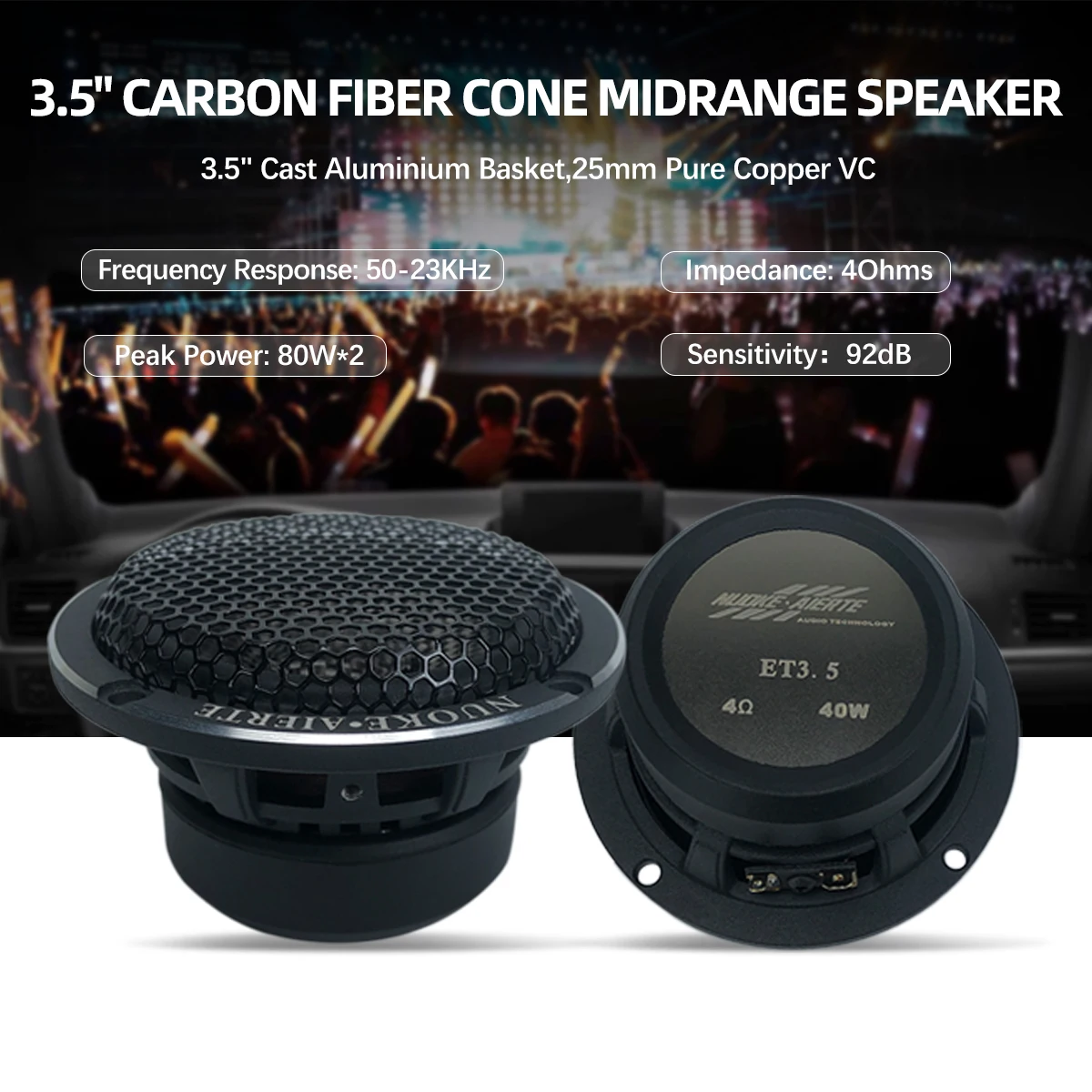 3.5inch Carbon Fiber Cone Aluminum Basket car audio Midrange Speaker 92DB RMS power 40W*2 25mm Pure Copper Voice coil speakers