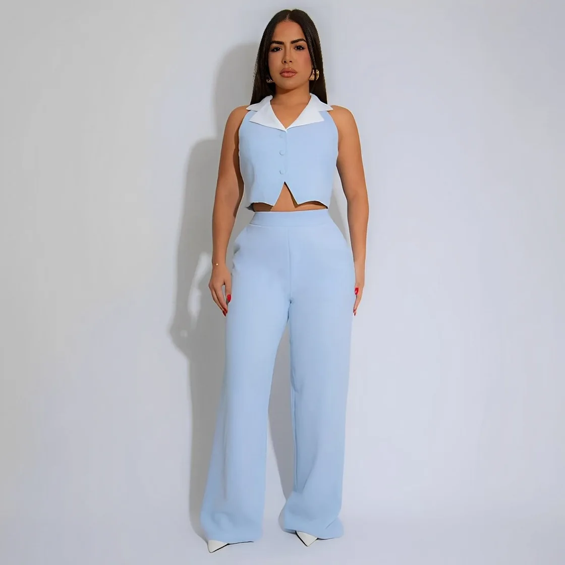 

New Women's Fashion Splicing Color Contrasting Top Casual Loose Straight Pants Set 2025 Summer