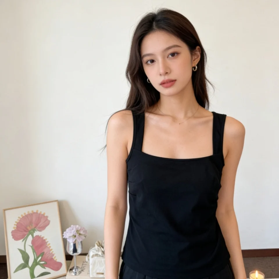 Summer New Pure Desire Stripe Pattern Women's Slim Fit Vest Strap Integrated Chest Pad Outerwear Shirt Square Collar Design
