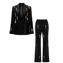 Fine Workmanship Beads Tassel Velvet Lady Solid Office Suit Single-breasted Long Sleeve Blazer Wide Leg Pants Women 2Pcs